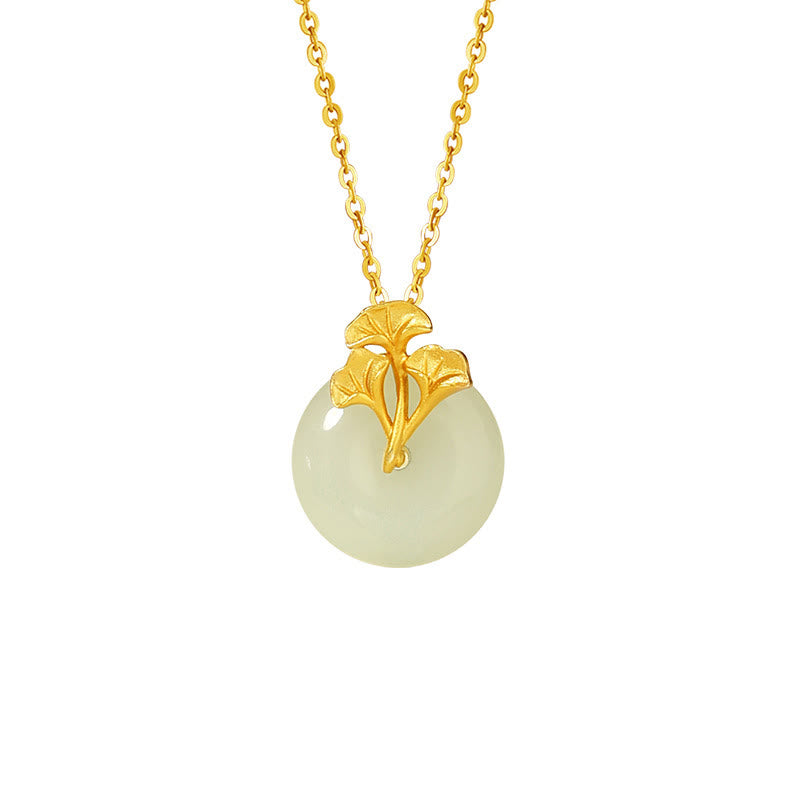 Buddha Stones 925 Sterling Silver Hetian Jade Ginkgo Leaves Prosperity Necklace Pendant - image 9