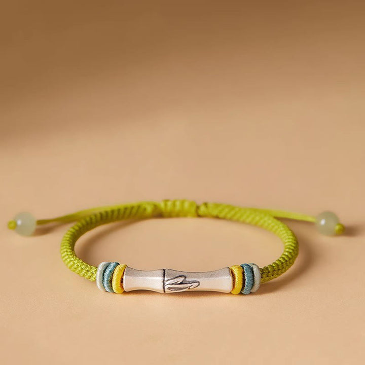 Buddha Stones 999 Sterling Silver Red String Bamboo Enlightenment Bracelet - Yellow Green(Wrist Circumference 14-21cm) - image 0