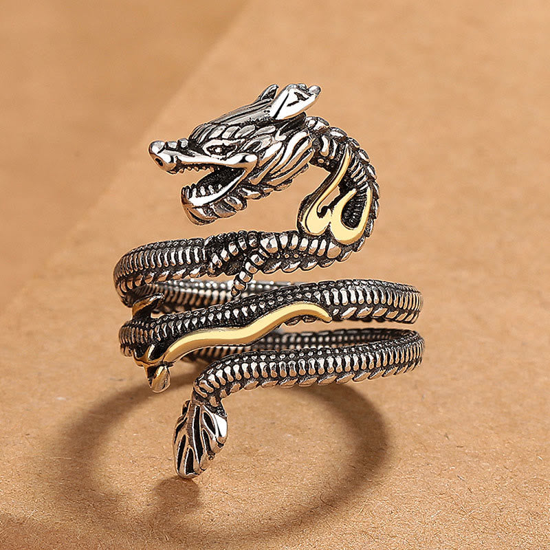 Buddha Stones Vintage Dragon Pattern Copper Strength Ring - Gold Dragon(Adjustable) - image 0