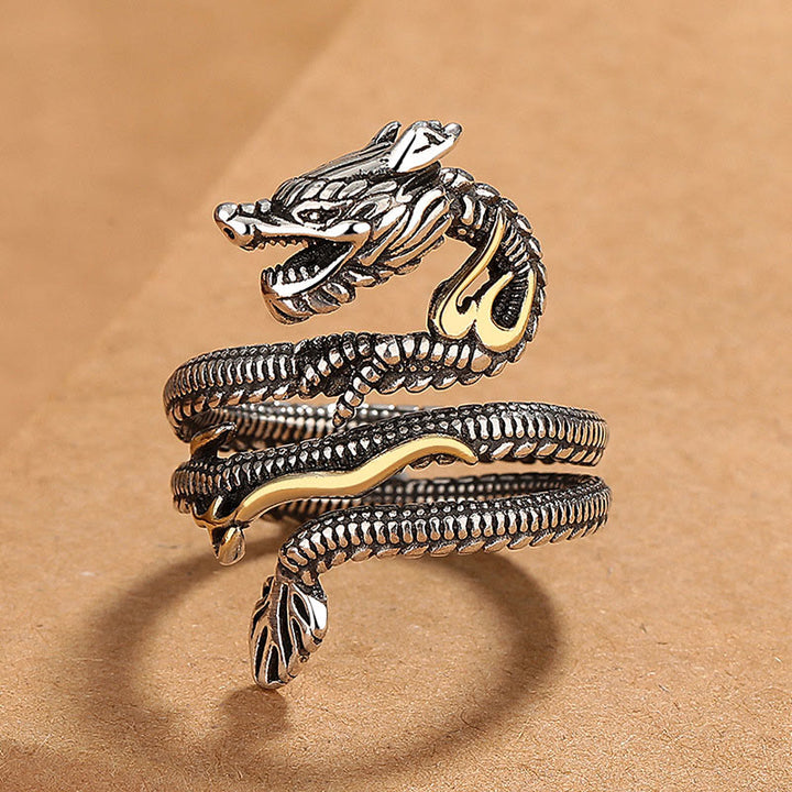 Buddha Stones Vintage Dragon Pattern Copper Strength Ring - Gold Dragon(Adjustable) - image 0