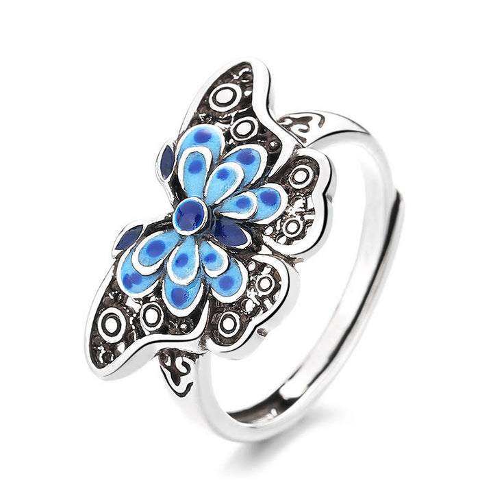 Buddha Stones Hollow Enamel Blue Butterfly Pattern Love Ring - image 3