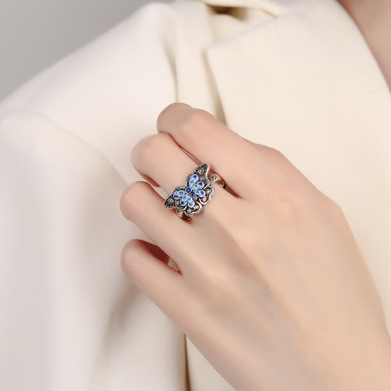 Buddha Stones Hollow Enamel Blue Butterfly Pattern Love Ring - image 4