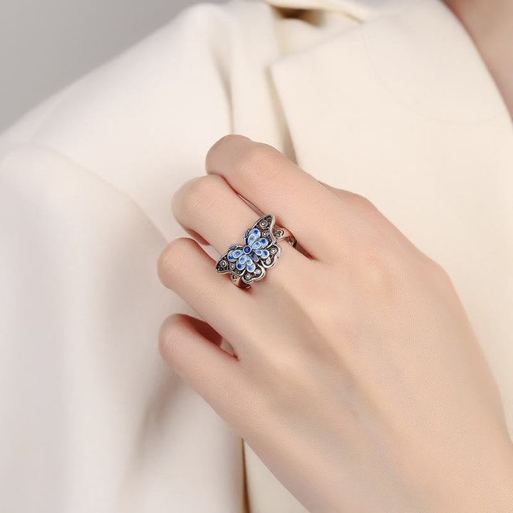 Buddha Stones Hollow Enamel Blue Butterfly Pattern Love Ring - image 4