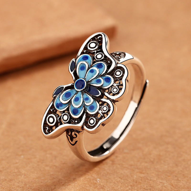 Buddha Stones Hollow Enamel Blue Butterfly Pattern Love Ring - Blue Butterfly(Adjustable) - image 0