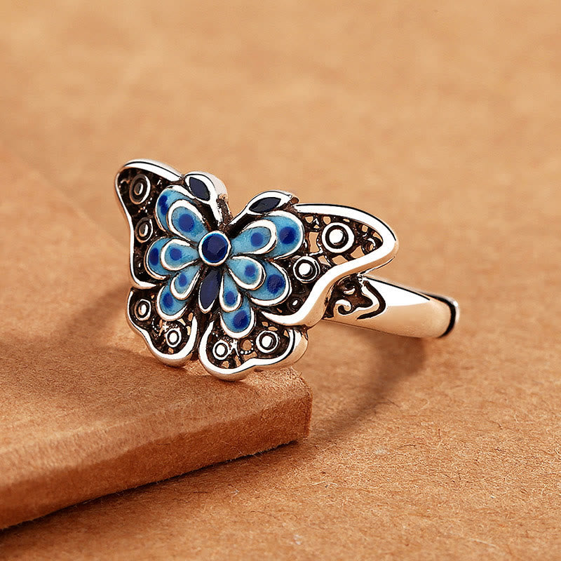 Buddha Stones Hollow Enamel Blue Butterfly Pattern Love Ring - image 2