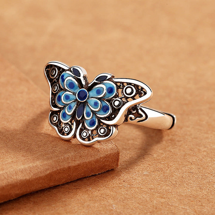 Buddha Stones Hollow Enamel Blue Butterfly Pattern Love Ring - image 2