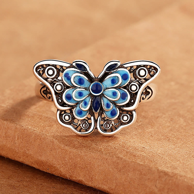 Buddha Stones Hollow Enamel Blue Butterfly Pattern Love Ring - image 1
