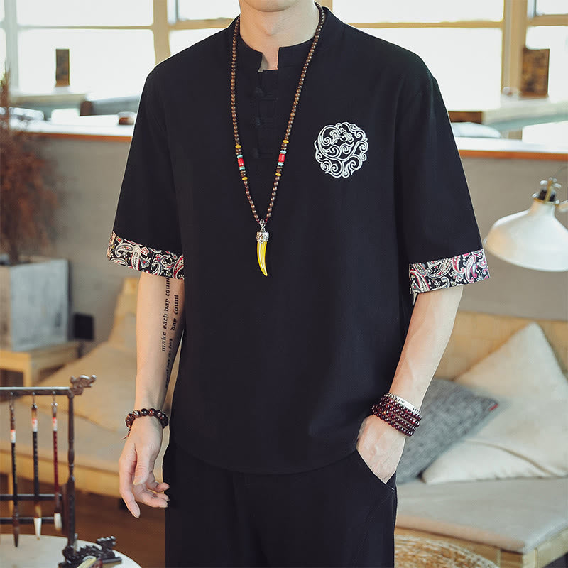 Buddha Stones Frog-Button Dragon Embroidery Chinese Tang Suit Short Sleeve Shirt Linen Men Clothing - Black - US/UK/AU46，EU56 (5XL)  - image 25
