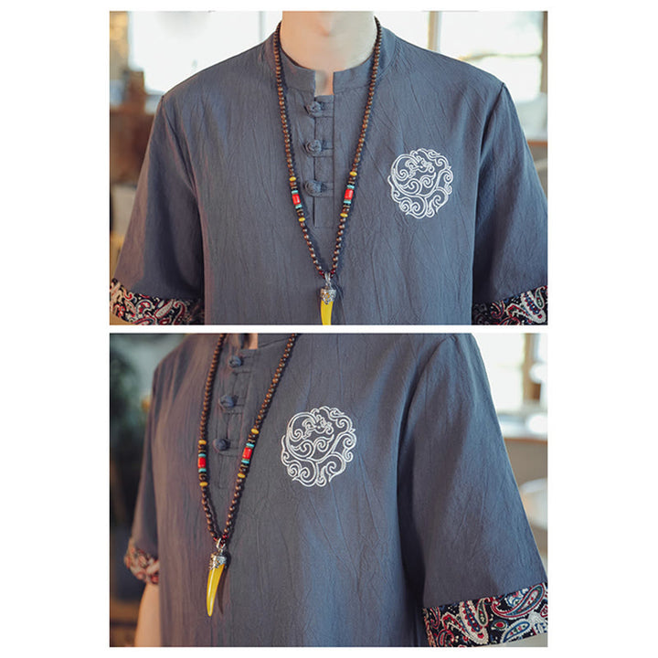 Buddha Stones Frog-Button Dragon Embroidery Chinese Tang Suit Short Sleeve Shirt Linen Men Clothing - image 9