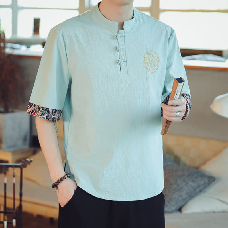 Buddha Stones Frog-Button Dragon Embroidery Chinese Tang Suit Short Sleeve Shirt Linen Men Clothing - image 12