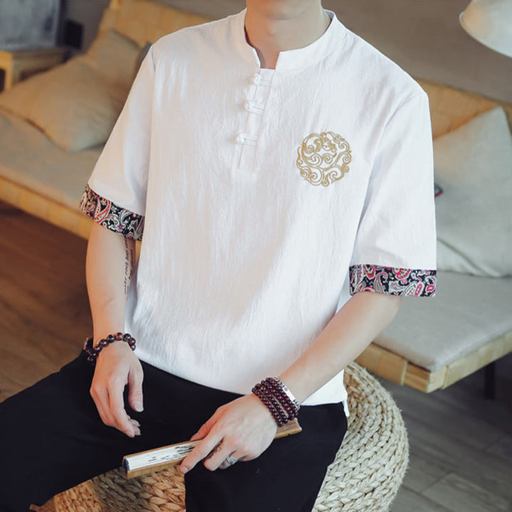 Buddha Stones Frog-Button Dragon Embroidery Chinese Tang Suit Short Sleeve Shirt Linen Men Clothing - image 24
