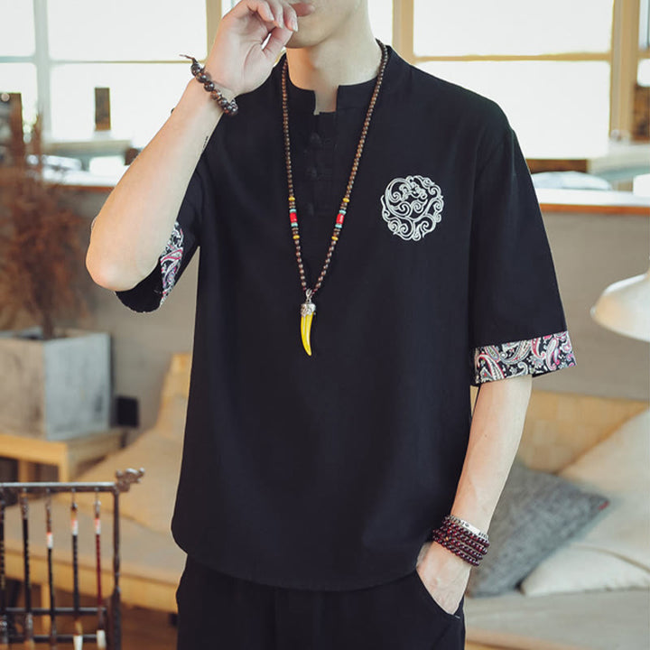 Buddha Stones Frog-Button Dragon Embroidery Chinese Tang Suit Short Sleeve Shirt Linen Men Clothing - image 30