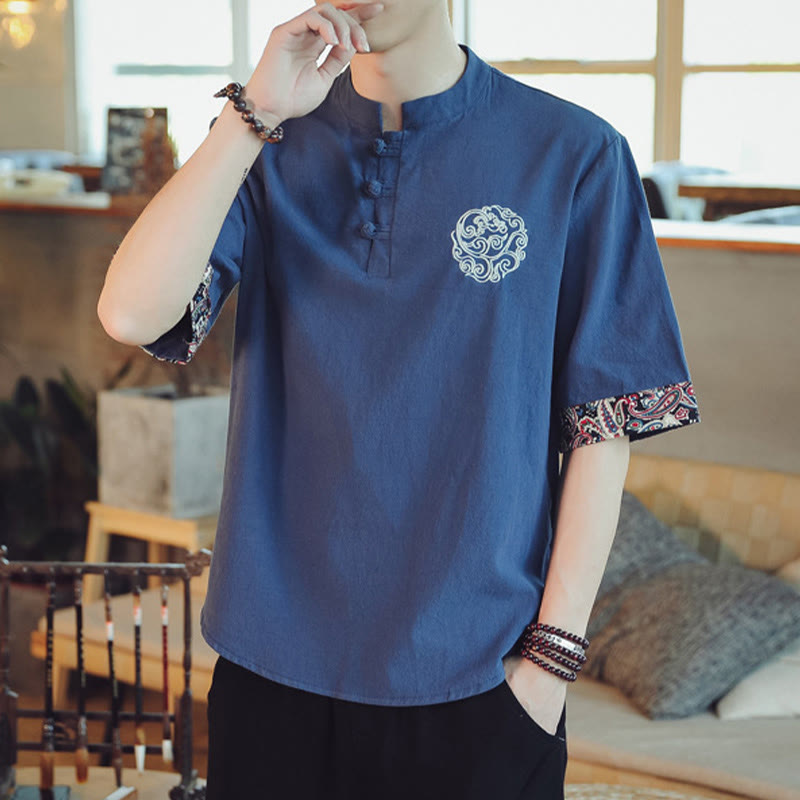 Buddha Stones Frog-Button Dragon Embroidery Chinese Tang Suit Short Sleeve Shirt Linen Men Clothing - image 36