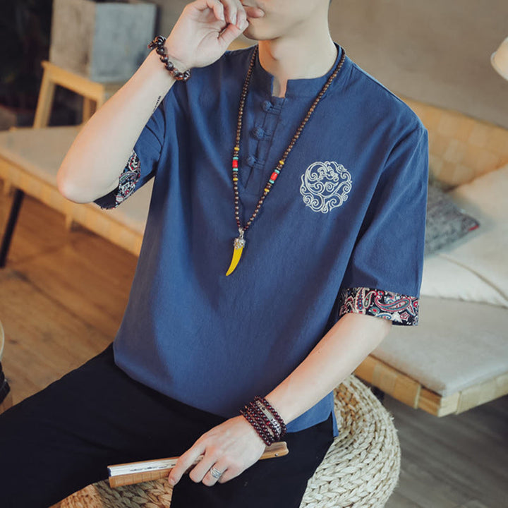 Buddha Stones Frog-Button Dragon Embroidery Chinese Tang Suit Short Sleeve Shirt Linen Men Clothing - image 40