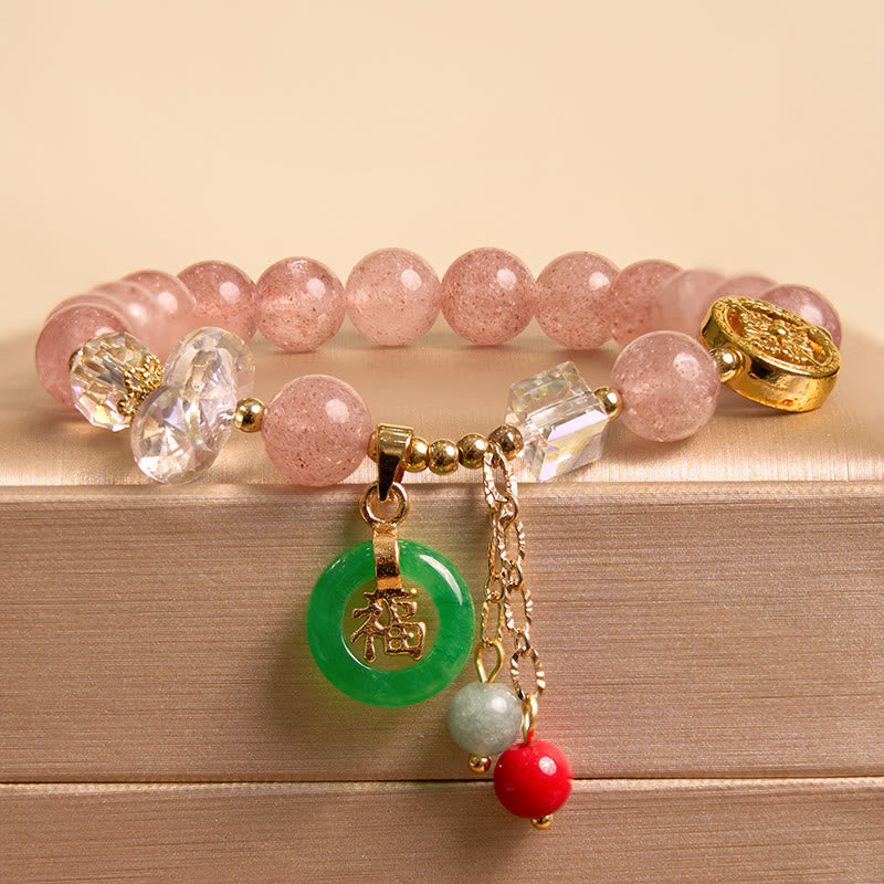 Buddha Stones Strawberry Quartz Jade Fu Character Charm Healing Bracelet - image 5