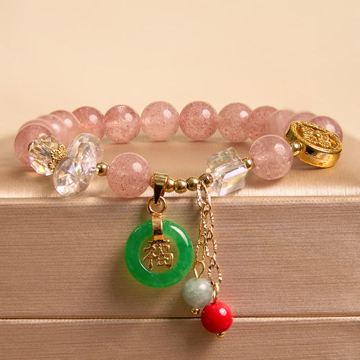 Buddha Stones Strawberry Quartz Jade Fu Character Charm Healing Bracelet - image 5