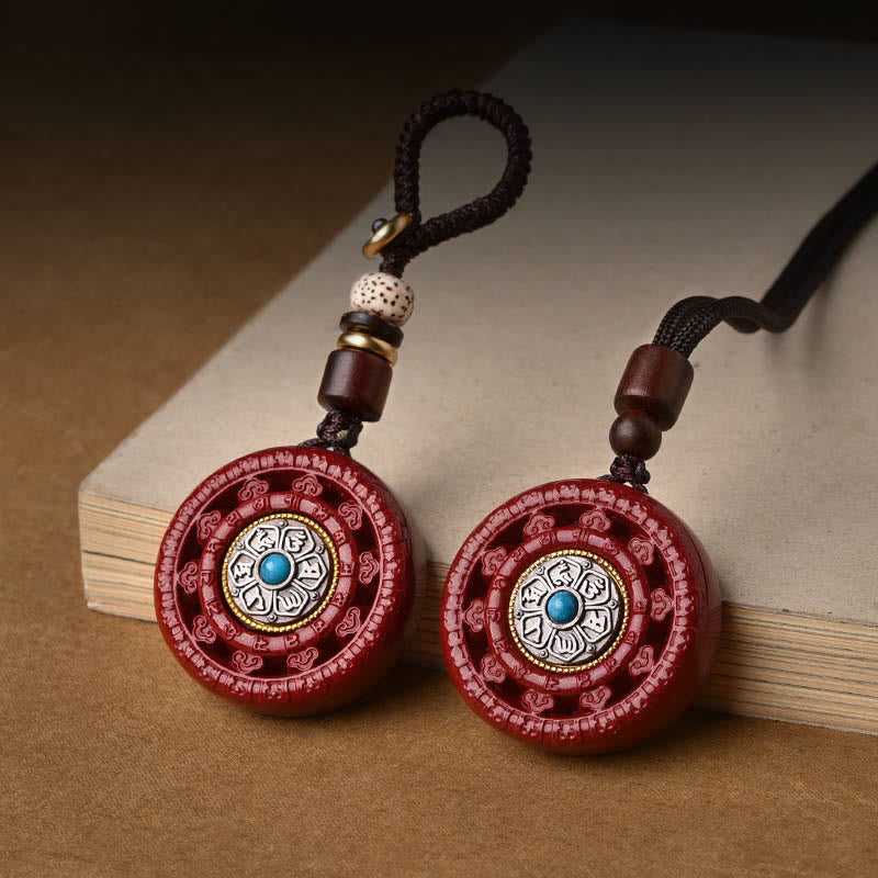 Buddha Stones Cinnabar Om Mani Padme Hum Blessing Rotatable Necklace Pendant Key Chain - image 0
