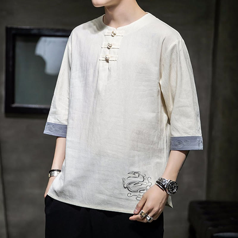 Buddha Stones Frog-Button Dragon Embroidery Chinese Tang Suit Three Quarter Sleeve Shirt Cotton Linen Men Clothing - image 6