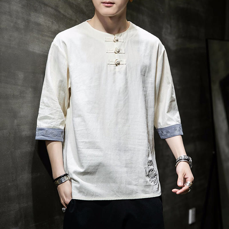 Buddha Stones Frog-Button Dragon Embroidery Chinese Tang Suit Three Quarter Sleeve Shirt Cotton Linen Men Clothing - image 3