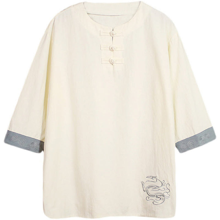 Buddha Stones Frog-Button Dragon Embroidery Chinese Tang Suit Three Quarter Sleeve Shirt Cotton Linen Men Clothing - image 11