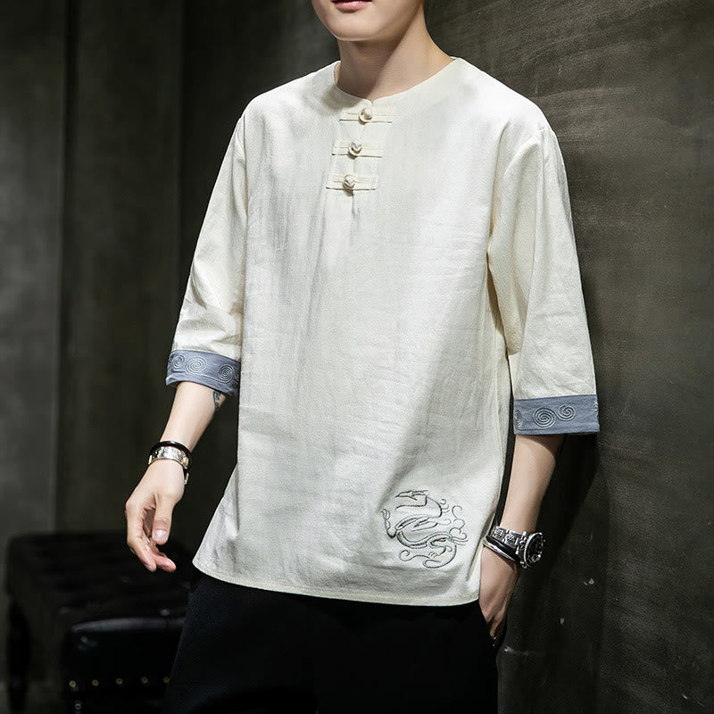 Buddha Stones Frog-Button Dragon Embroidery Chinese Tang Suit Three Quarter Sleeve Shirt Cotton Linen Men Clothing - Snow - US/UK/AU46，EU56 (5XL)  - image 0