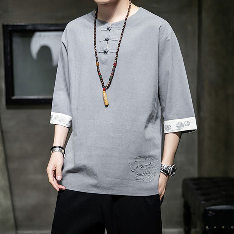 Buddha Stones Frog-Button Dragon Embroidery Chinese Tang Suit Three Quarter Sleeve Shirt Cotton Linen Men Clothing - image 13