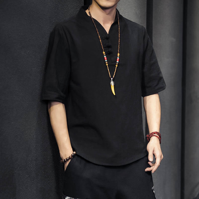 Buddha Stones Casual Summer Half Sleeve Shirt Cotton Men Clothing - Black - US/UK/AU46，EU56 (5XL) - image 8