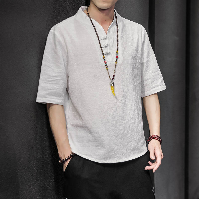 Buddha Stones Casual Summer Half Sleeve Shirt Cotton Men Clothing - White - US/UK/AU46，EU56 (5XL) - image 0