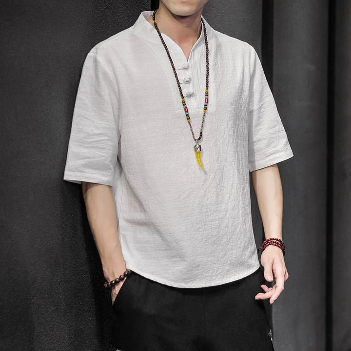 Buddha Stones Casual Summer Half Sleeve Shirt Cotton Men Clothing - White - US/UK/AU46，EU56 (5XL) - image 0