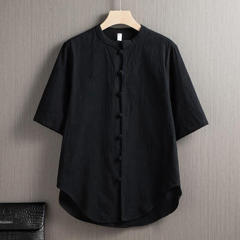 Buddha Stones Frog-Button Plain Chinese Tang Suit Short Sleeve Shirt Cotton Linen Men Clothing - Black - US/UK/AU46，EU56 (5XL) - image 5
