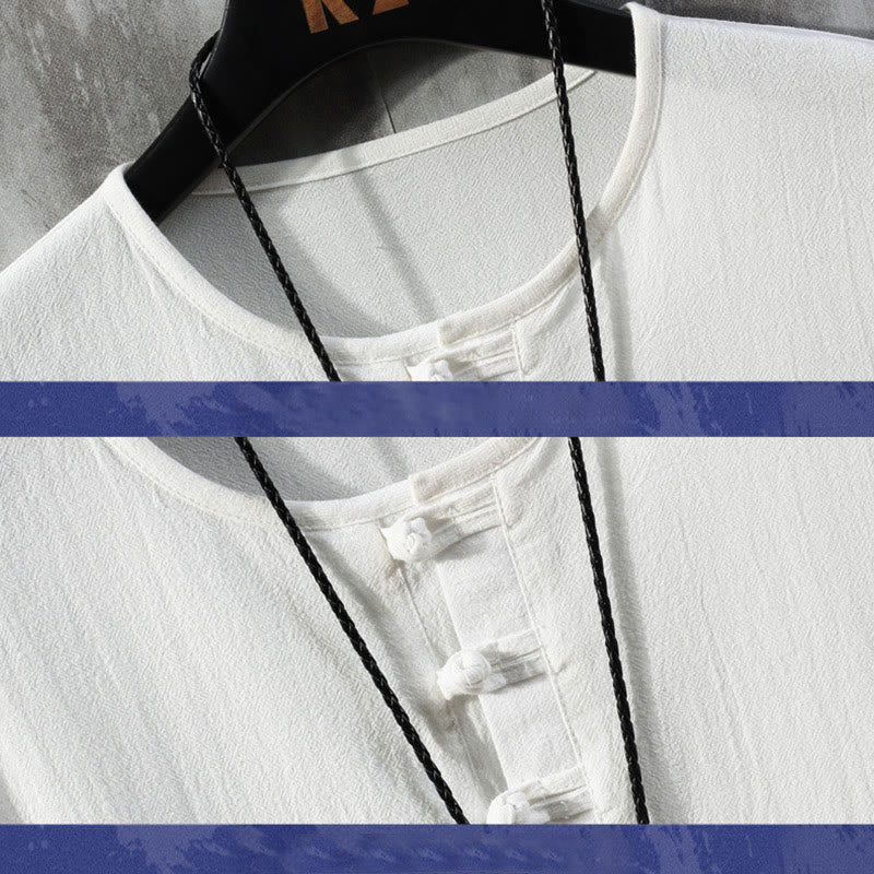 Buddha Stones Frog-Button Plain Color Chinese Tang Suit Half Sleeve Shirt Men Clothing - image 2