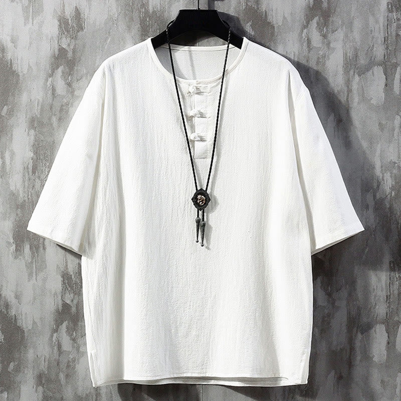 Buddha Stones Frog-Button Plain Color Chinese Tang Suit Half Sleeve Shirt Linen Men Clothing - White - US/UK/AU46，EU56 (5XL)  - image 1