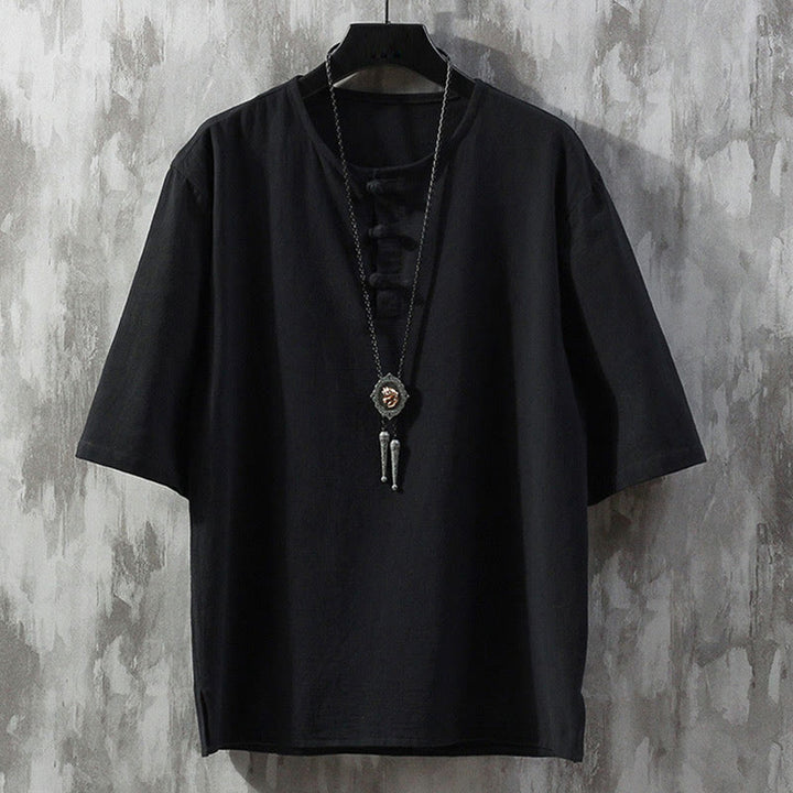 Buddha Stones Frog-Button Plain Color Chinese Tang Suit Half Sleeve Shirt Linen Men Clothing - Black - US/UK/AU46，EU56 (5XL)  - image 4