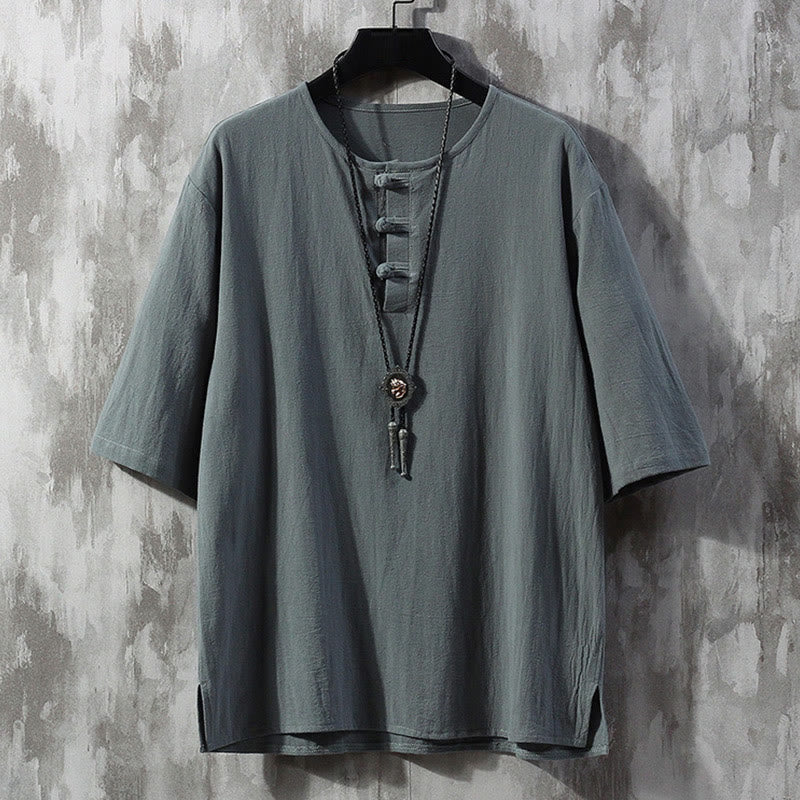 Buddha Stones Frog-Button Plain Color Chinese Tang Suit Half Sleeve Shirt Linen Men Clothing - LightSlateGray - US/UK/AU46，EU56 (5XL)  - image 0