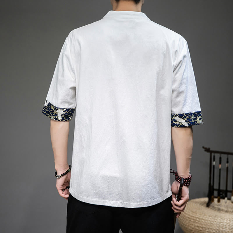 Buddha Stones Frog-Button Chinese Tang Suit Half Sleeve Crane Shirt Linen Men Clothing - image 1