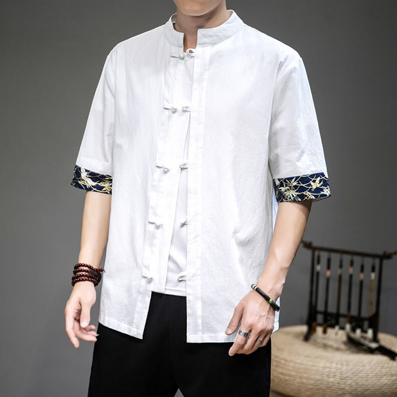 Buddha Stones Frog-Button Chinese Tang Suit Half Sleeve Crane Shirt Linen Men Clothing - White - US/UK/AU46，EU56 (5XL) - image 0