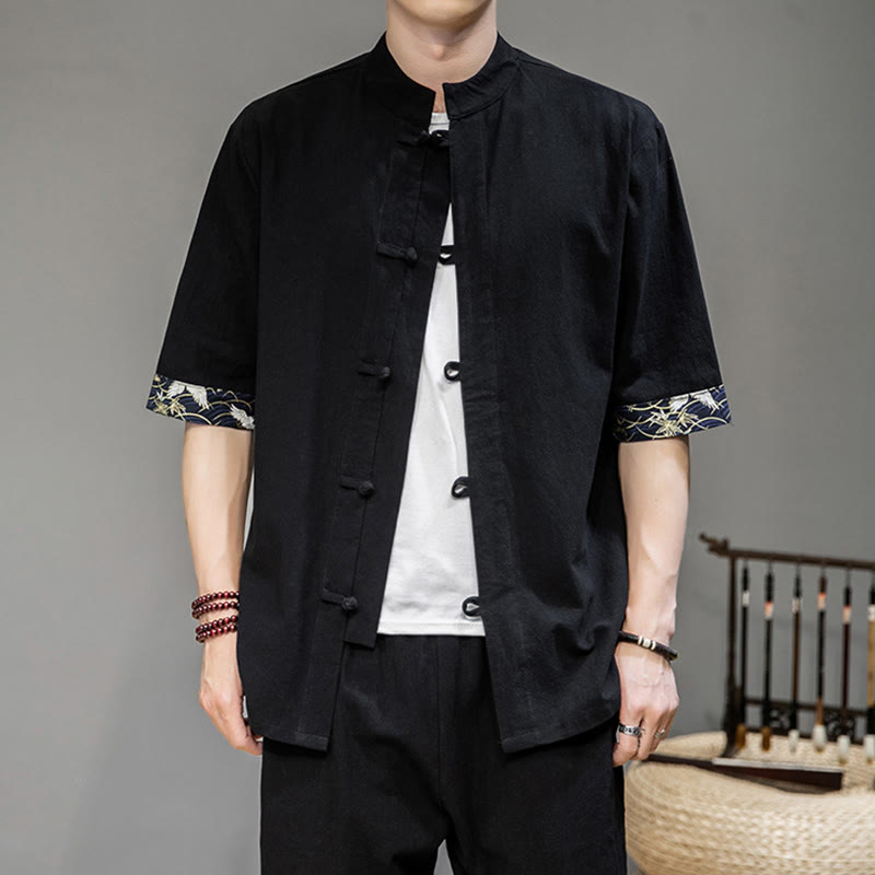 Buddha Stones Frog-Button Chinese Tang Suit Half Sleeve Crane Shirt Linen Men Clothing - image 4