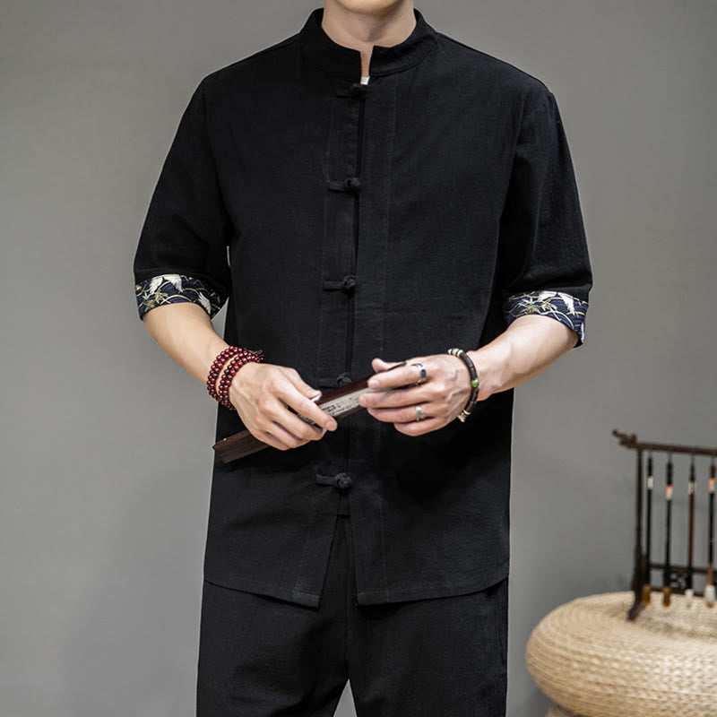 Buddha Stones Frog-Button Chinese Tang Suit Half Sleeve Crane Shirt Linen Men Clothing - Black - US/UK/AU46，EU56 (5XL) - image 3