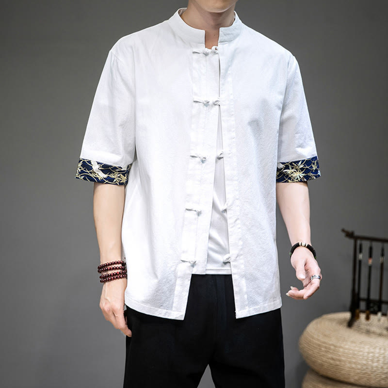 Buddha Stones Frog-Button Chinese Tang Suit Half Sleeve Crane Shirt Linen Men Clothing - image 2