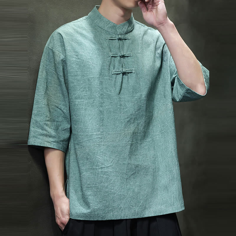 Buddha Stones Men's Chinese Frog-Button Tang Suit Half Sleeve Cotton Linen Shirt - image 8