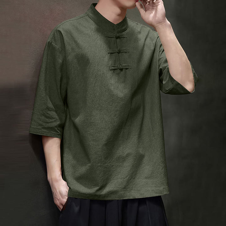 Buddha Stones Men's Chinese Frog-Button Tang Suit Half Sleeve Cotton Linen Shirt - image 4