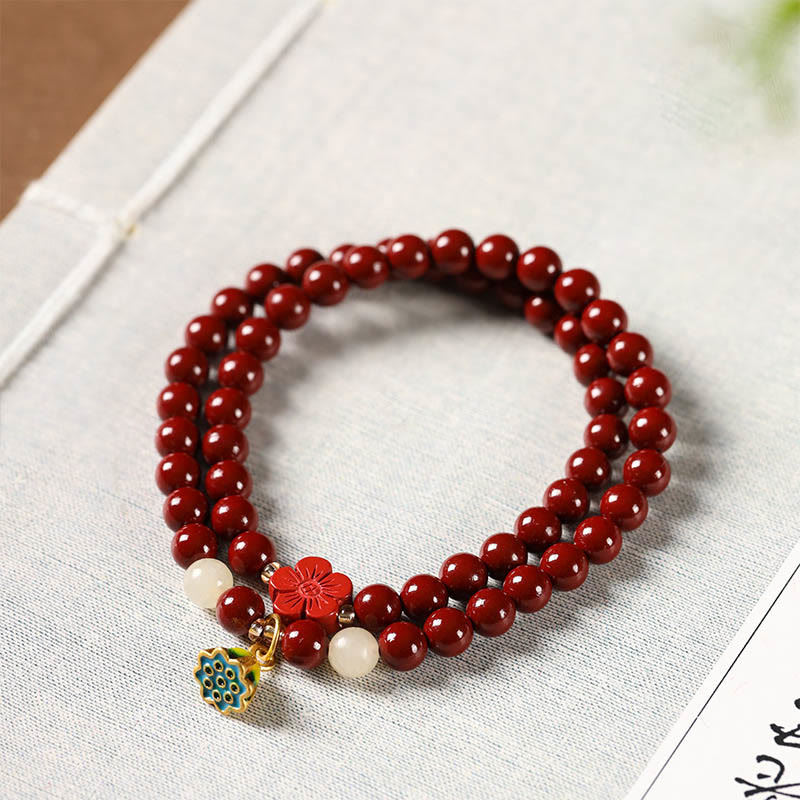 Buddha Stones Cinnabar Lotus Charm Double Wrap Blessing Bracelet - Cinnabar Lotus(Wrist Circumference: 14-15cm) - image 0