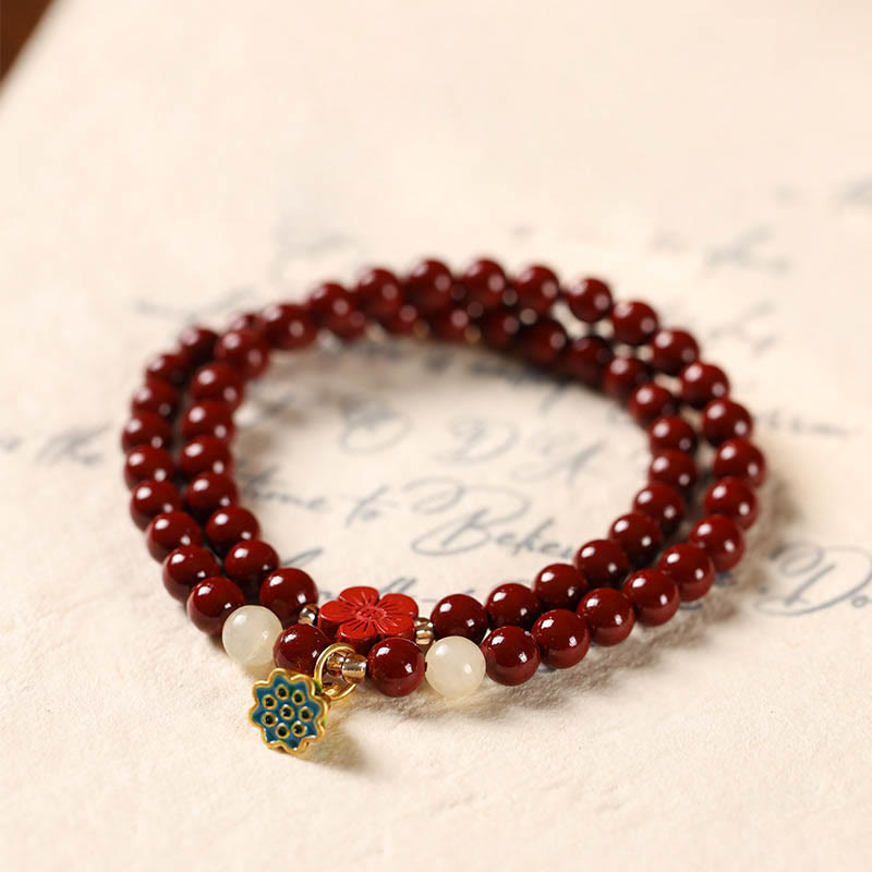 Buddha Stones Cinnabar Lotus Charm Double Wrap Blessing Bracelet - image 1