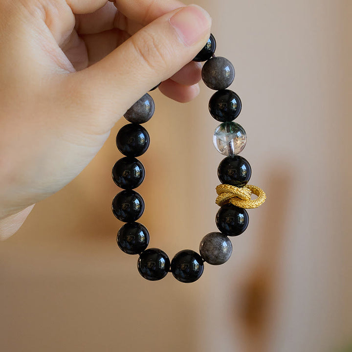 Buddha Stones Natural Silver Sheen Obsidian Dragon Green Phantom Protection Bracelet - image 9