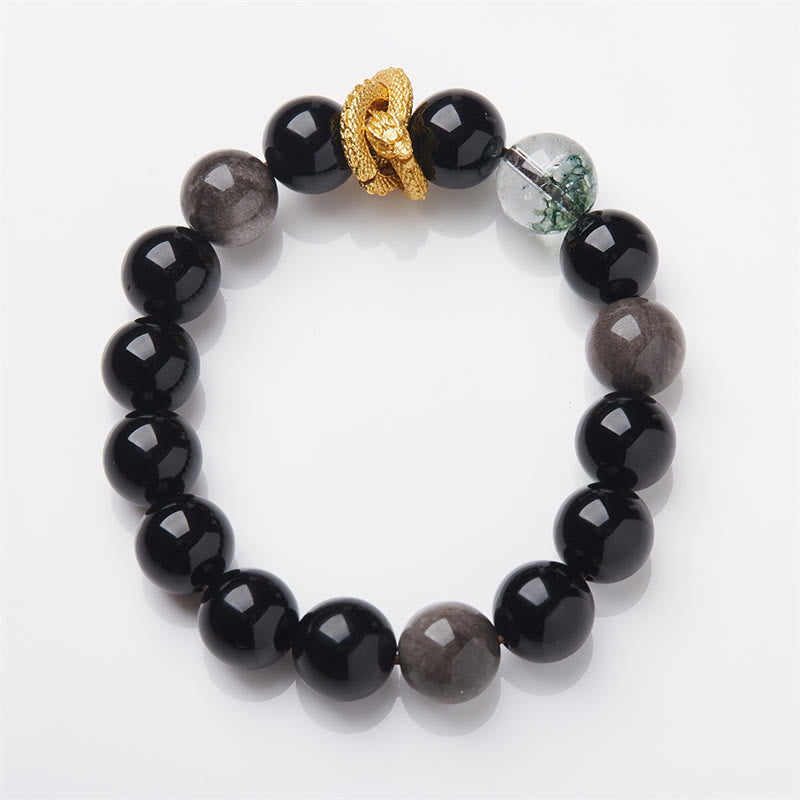 Buddha Stones Natural Silver Sheen Obsidian Dragon Green Phantom Protection Bracelet - image 1