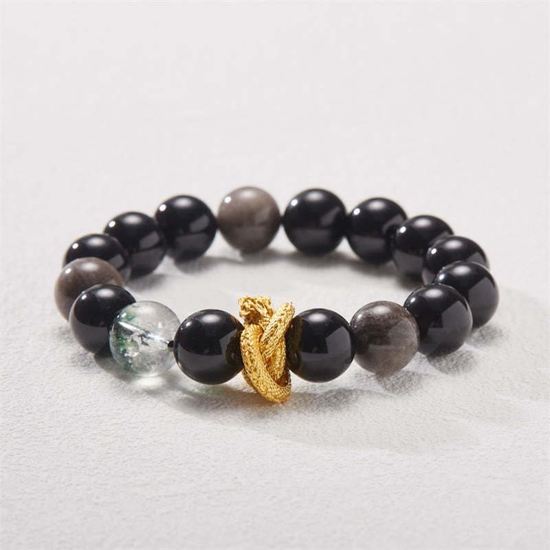 Buddha Stones Natural Silver Sheen Obsidian Dragon Green Phantom Protection Bracelet - image 3