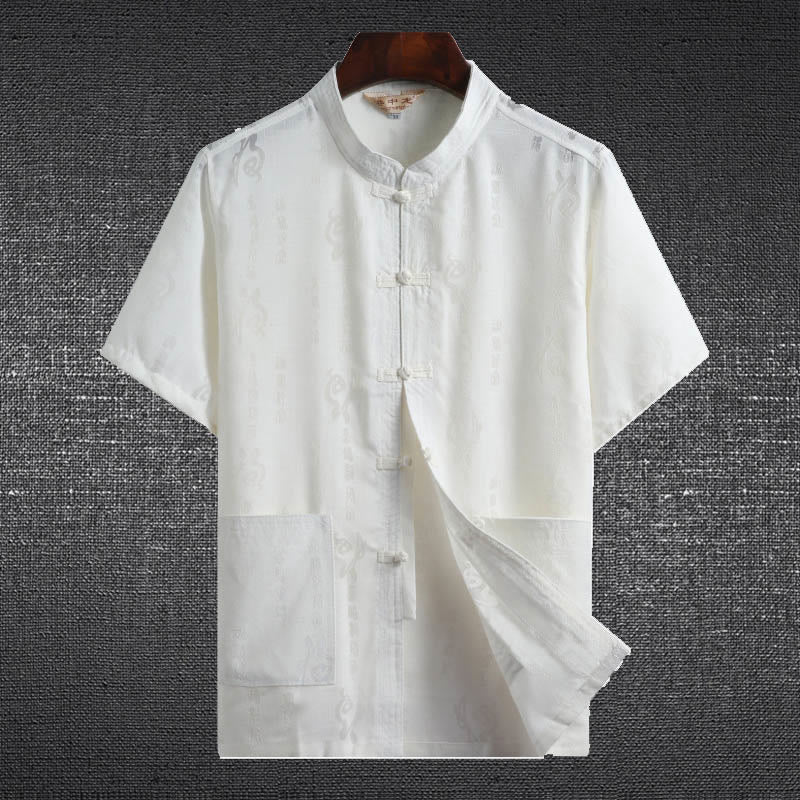 Buddha Stones Frog-Button Fu Character Dragon Bamboo Leaf Chinese Tang Suit Short Sleeve Shirt Linen With Pockets - White - Fu Character - US/UK/AU46，EU56 (4XL)  - image 3