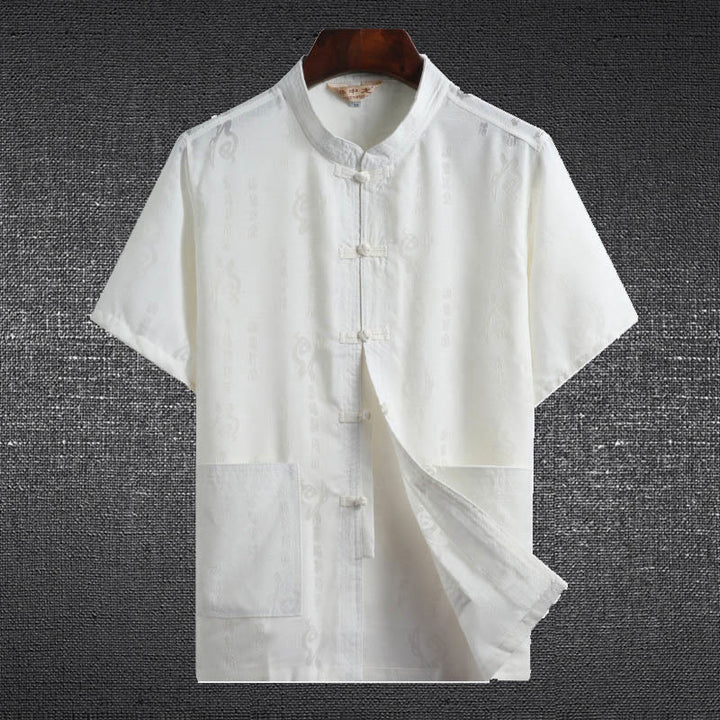 Buddha Stones Frog-Button Fu Character Dragon Bamboo Leaf Chinese Tang Suit Short Sleeve Shirt Linen With Pockets - White - Fu Character - US/UK/AU46，EU56 (4XL)  - image 3