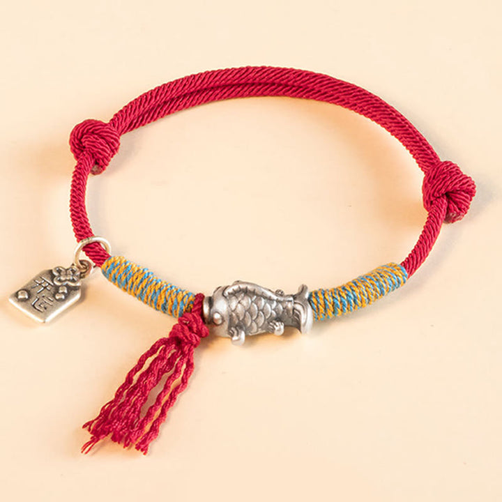 Buddha Stones 999 Sterling Silver Red String Lucky Koi Fish Protection Bracelet - Red(Wrist Circumference 14-18cm) - image 0