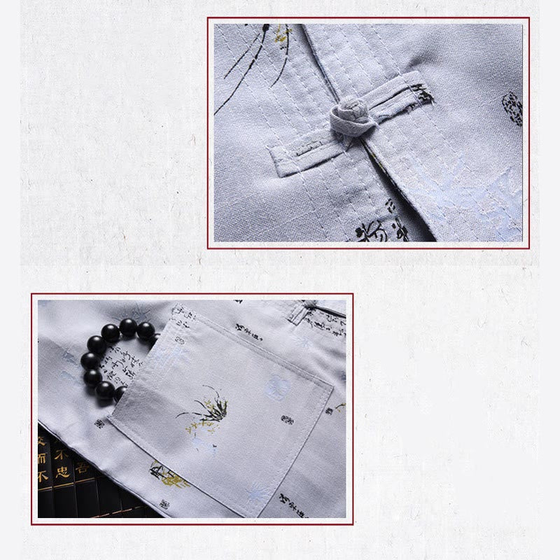 Buddha Stones Frog-Button Fu Character Dragon Bamboo Leaf Chinese Tang Suit Short Sleeve Shirt Linen With Pockets - image 12